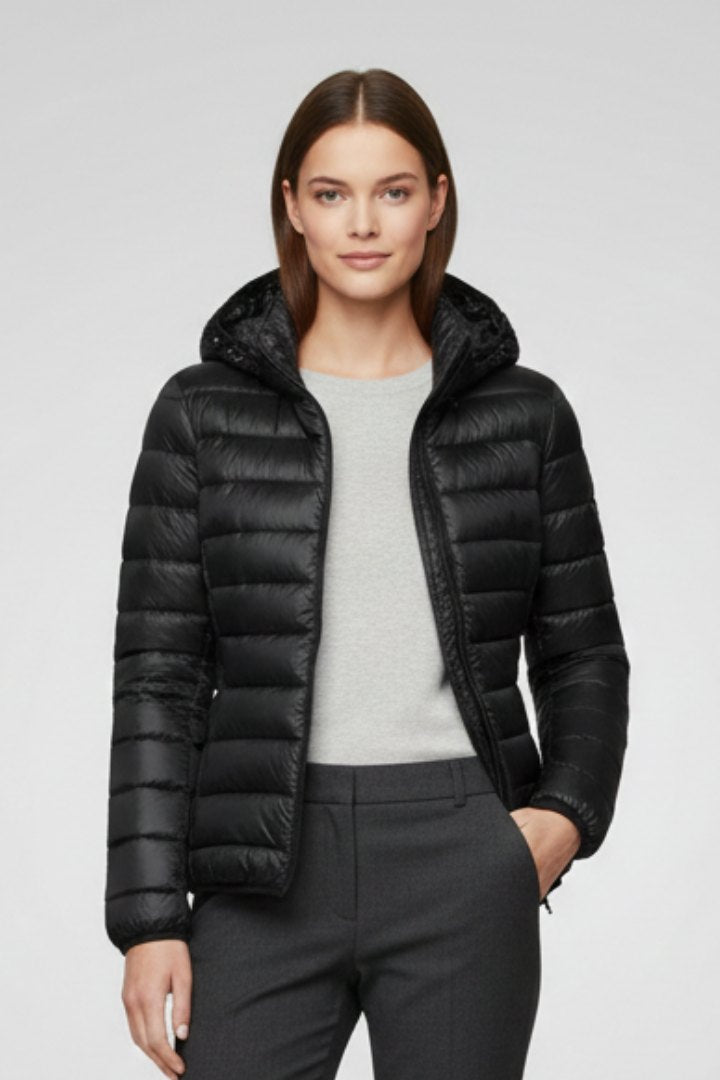 Comfortable Beige Puffer Jacket for Women with Hooded Zip Front Quilted Layered Style