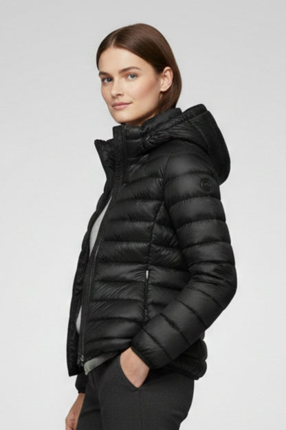 Comfortable Beige Puffer Jacket for Women with Hooded Zip Front Quilted Layered Style