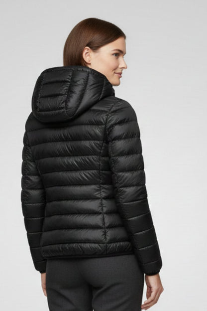 Comfortable Beige Puffer Jacket for Women with Hooded Zip Front Quilted Layered Style