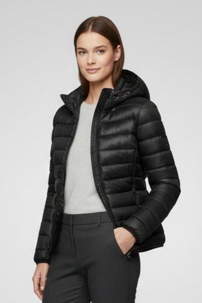 Comfortable Beige Puffer Jacket for Women with Hooded Zip Front Quilted Layered Style
