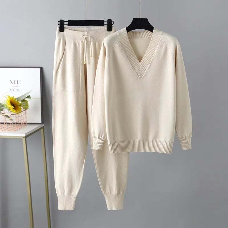 Comfortable Beige Sweat Set for Women with V Neck Side Pockets Elastic Waist Drawstring Waist Relaxed Fit Cosy Style
