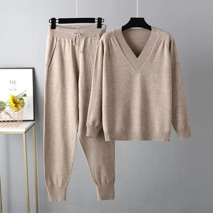 Comfortable Beige Sweat Set for Women with V Neck Side Pockets Elastic Waist Drawstring Waist Relaxed Fit Cosy Style