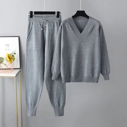 Comfortable Beige Sweat Set for Women with V Neck Side Pockets Elastic Waist Drawstring Waist Relaxed Fit Cosy Style
