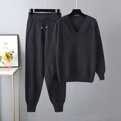 Comfortable Beige Sweat Set for Women with V Neck Side Pockets Elastic Waist Drawstring Waist Relaxed Fit Cosy Style