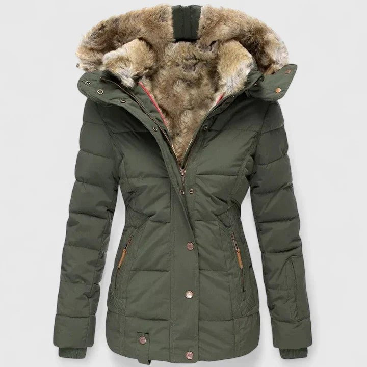 Comfortable Beige Winter Jacket for Women with Side Pockets Hooded Relaxed Fit Winter Style