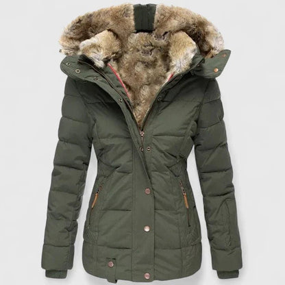 Comfortable Beige Winter Jacket for Women with Side Pockets Hooded Relaxed Fit Winter Style