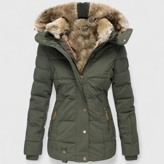 Comfortable Beige Winter Jacket for Women with Side Pockets Hooded Relaxed Fit Winter Style