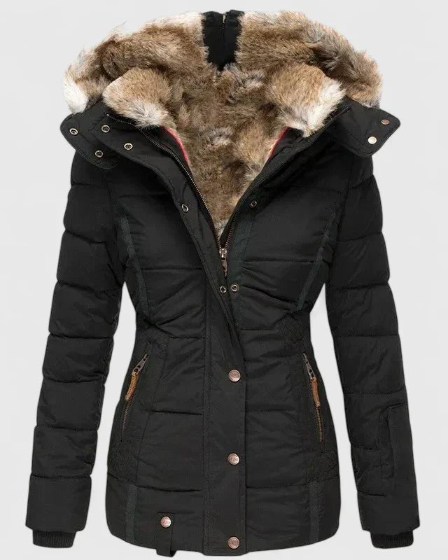 Comfortable Beige Winter Jacket for Women with Side Pockets Hooded Relaxed Fit Winter Style