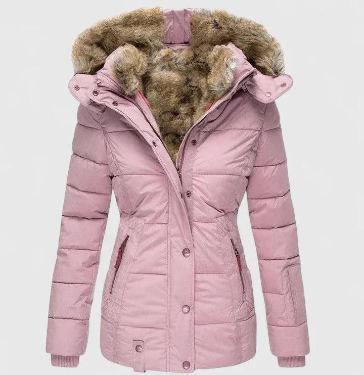 Comfortable Beige Winter Jacket for Women with Side Pockets Hooded Relaxed Fit Winter Style