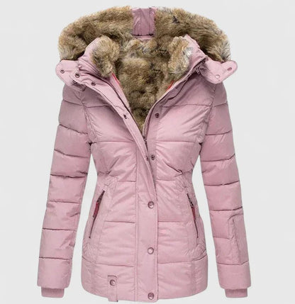Comfortable Beige Winter Jacket for Women with Side Pockets Hooded Relaxed Fit Winter Style