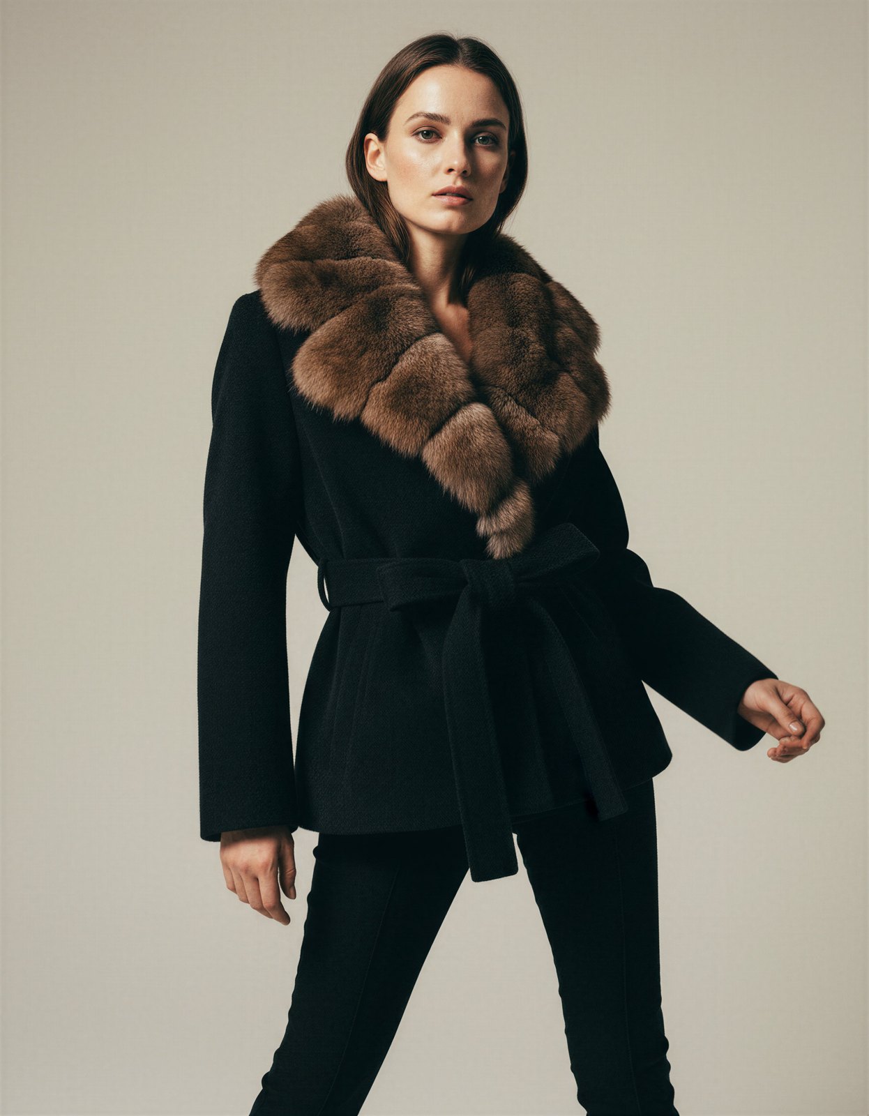 Comfortable Black Faux Fur Coat for Women with Belted Wrap Front Knit Layered Style