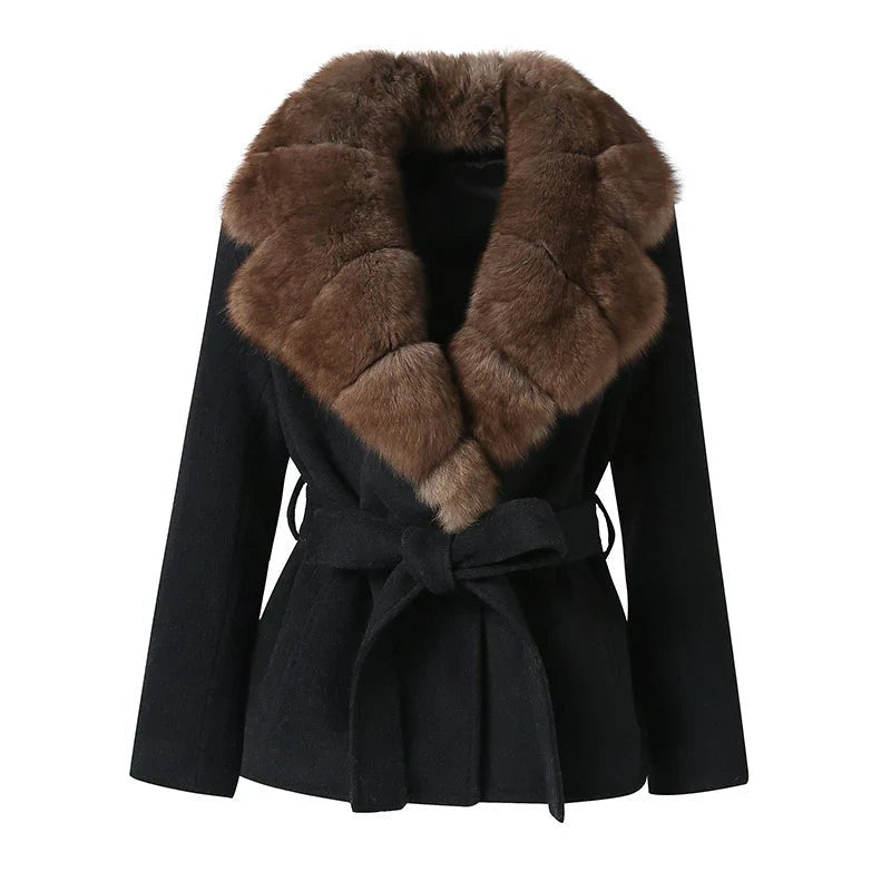 Comfortable Black Faux Fur Coat for Women with Belted Wrap Front Knit Layered Style