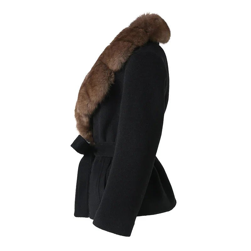 Comfortable Black Faux Fur Coat for Women with Belted Wrap Front Knit Layered Style