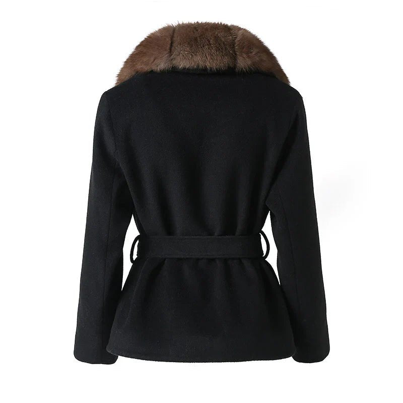 Comfortable Black Faux Fur Coat for Women with Belted Wrap Front Knit Layered Style