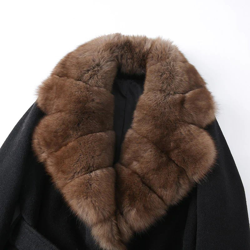 Comfortable Black Faux Fur Coat for Women with Belted Wrap Front Knit Layered Style