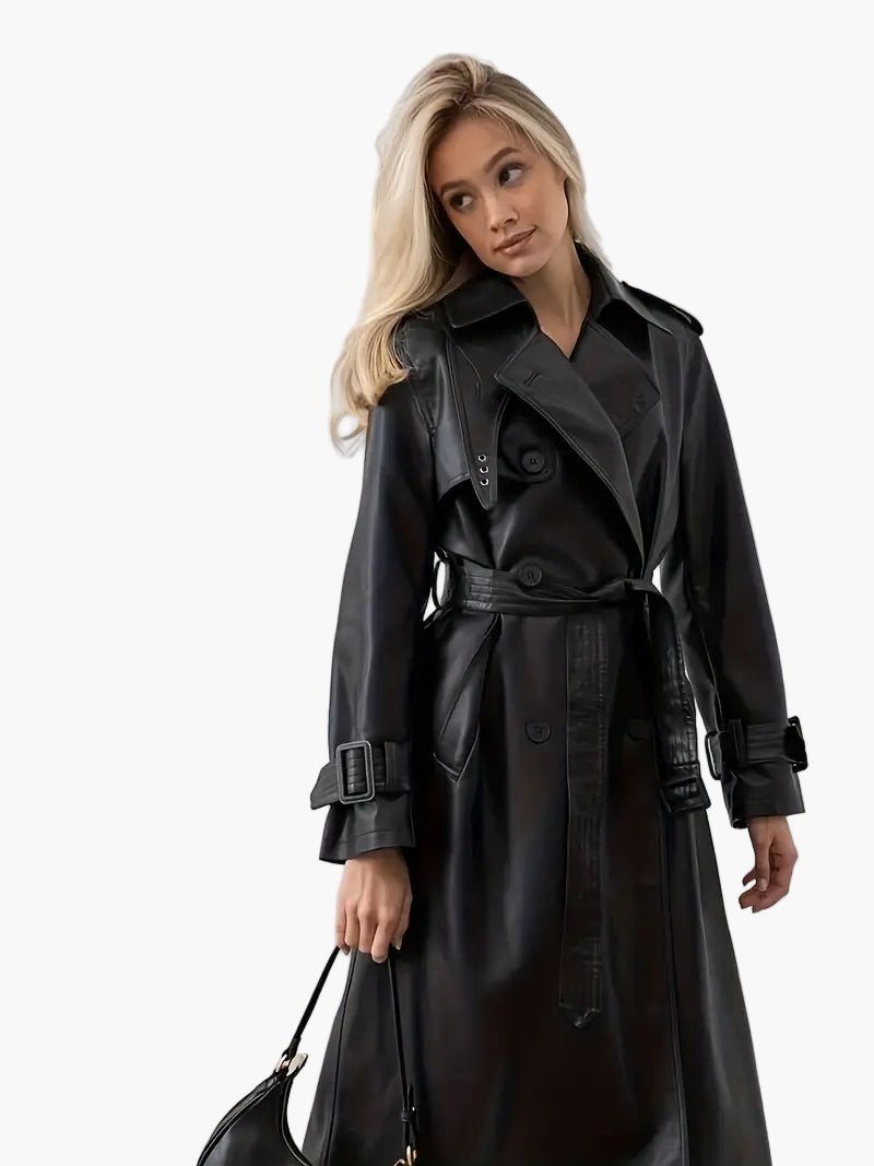 Comfortable Black Faux Leather Coat for Women with Belted Relaxed Fit Everyday Wear Layered Style