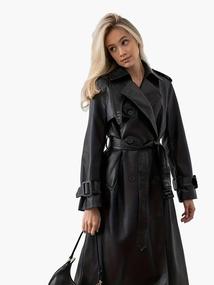 Comfortable Black Faux Leather Coat for Women with Belted Relaxed Fit Everyday Wear Layered Style