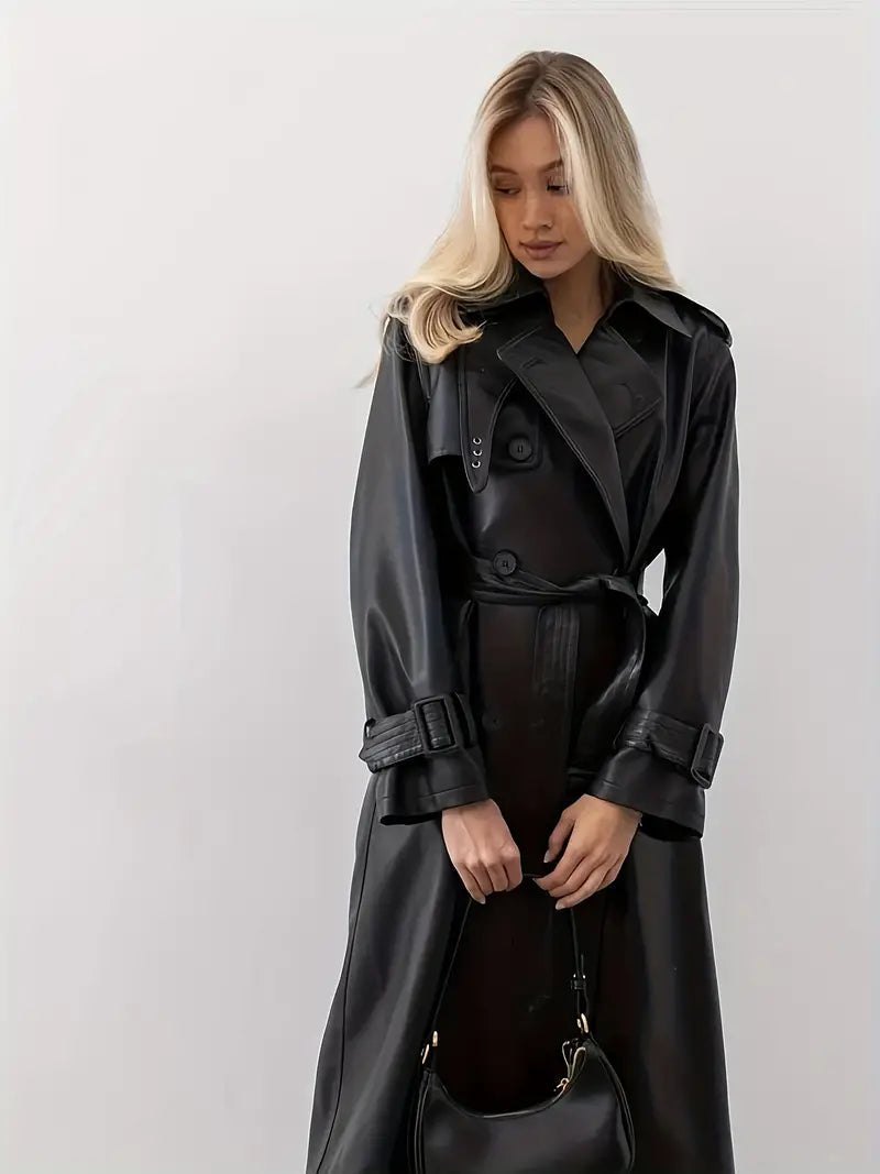 Comfortable Black Faux Leather Coat for Women with Belted Relaxed Fit Everyday Wear Layered Style