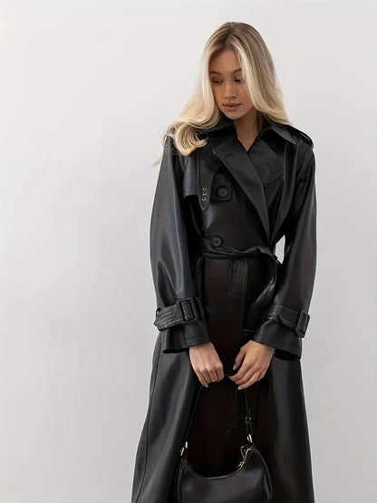 Comfortable Black Faux Leather Coat for Women with Belted Relaxed Fit Everyday Wear Layered Style