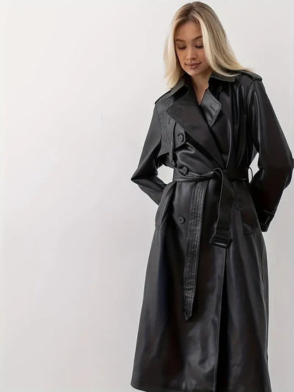 Comfortable Black Faux Leather Coat for Women with Belted Relaxed Fit Everyday Wear Layered Style