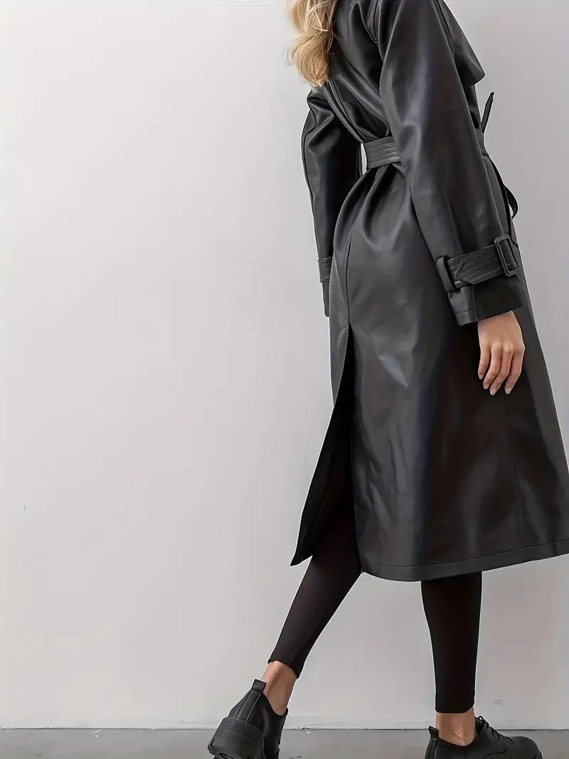 Comfortable Black Faux Leather Coat for Women with Belted Relaxed Fit Everyday Wear Layered Style