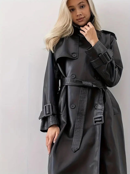 Comfortable Black Faux Leather Coat for Women with Belted Relaxed Fit Everyday Wear Layered Style