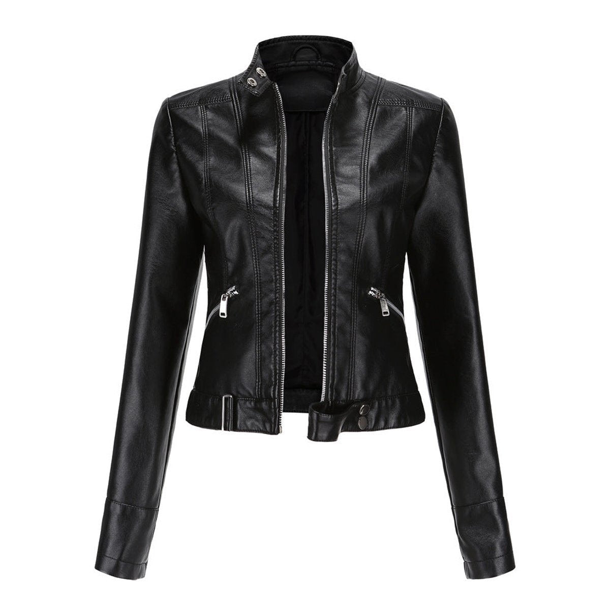 Comfortable Black Faux Leather Coat for Women with Collared Zip Front Cropped Winter Style