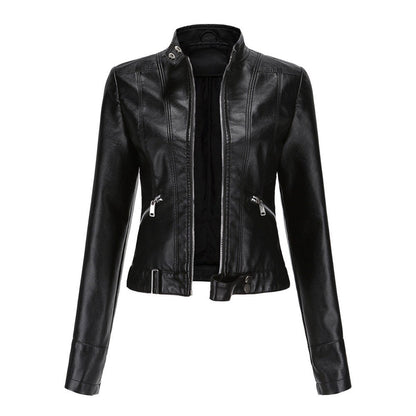 Comfortable Black Faux Leather Coat for Women with Collared Zip Front Cropped Winter Style