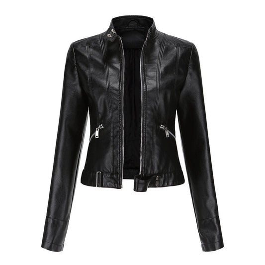 Comfortable Black Faux Leather Coat for Women with Collared Zip Front Cropped Winter Style
