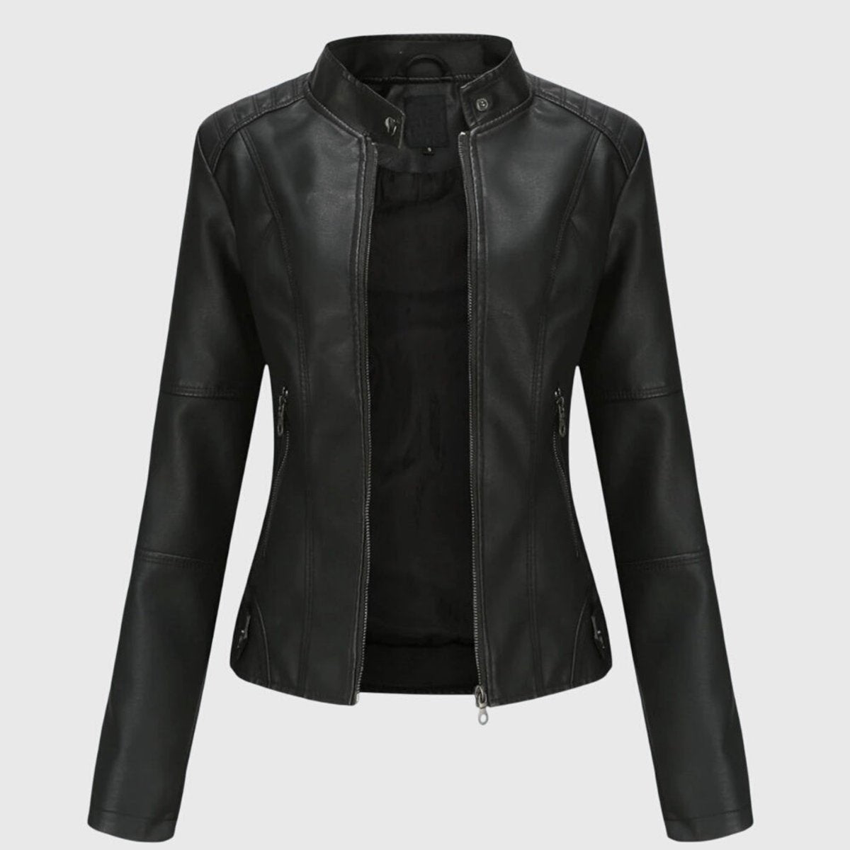 Comfortable Black Faux Leather Coat for Women with Collared Zip Front Relaxed Fit Outdoor Style