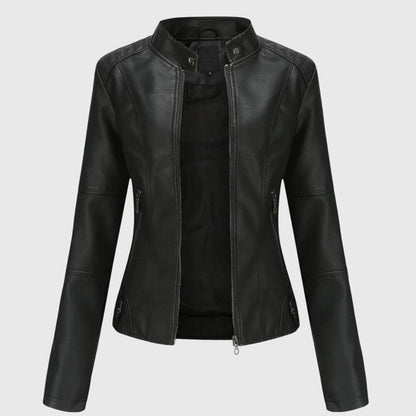 Comfortable Black Faux Leather Coat for Women with Collared Zip Front Relaxed Fit Outdoor Style