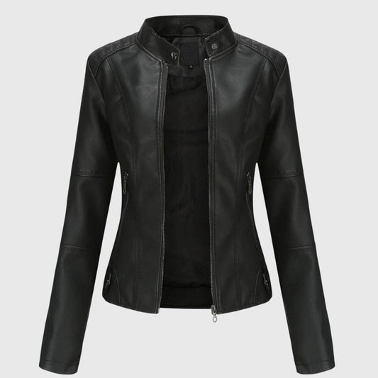 Comfortable Black Faux Leather Coat for Women with Collared Zip Front Relaxed Fit Outdoor Style