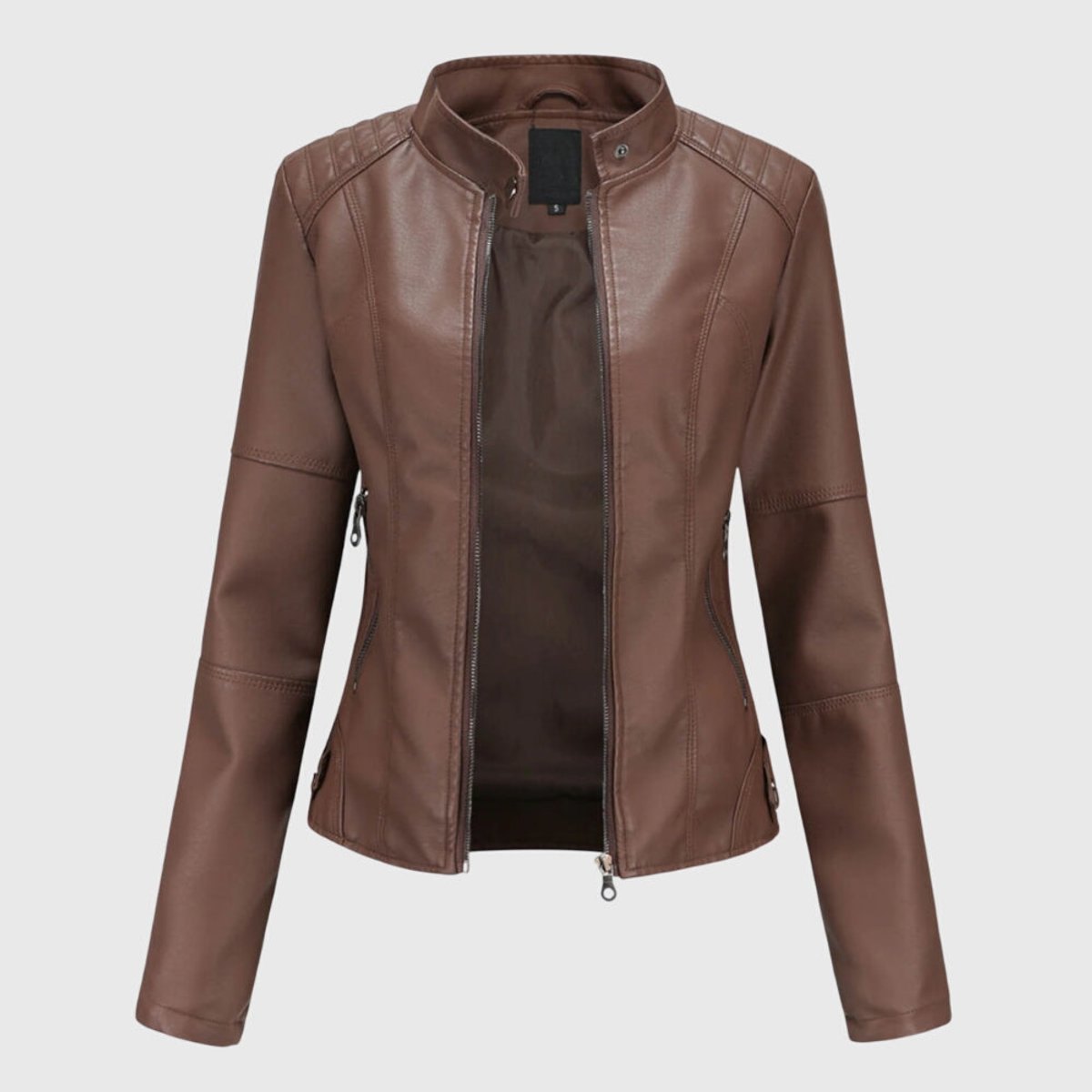 Comfortable Black Faux Leather Coat for Women with Collared Zip Front Relaxed Fit Outdoor Style