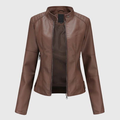 Comfortable Black Faux Leather Coat for Women with Collared Zip Front Relaxed Fit Outdoor Style