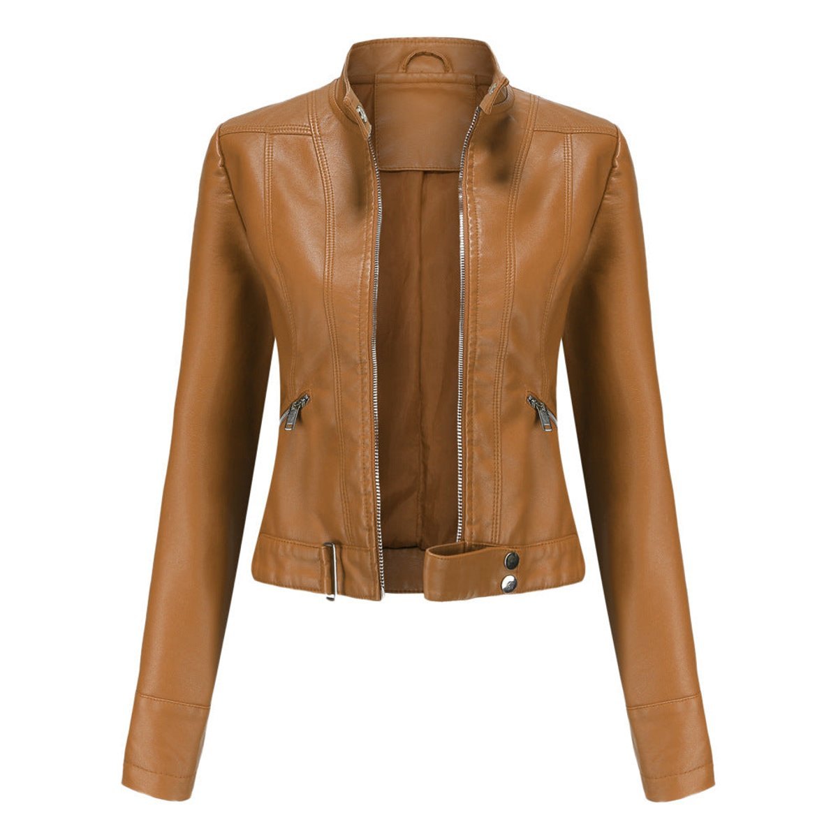 Comfortable Black Faux Leather Coat for Women with Collared Zip Front Cropped Winter Style