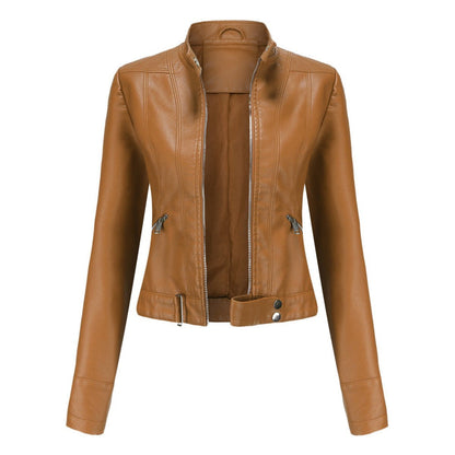 Comfortable Black Faux Leather Coat for Women with Collared Zip Front Cropped Winter Style