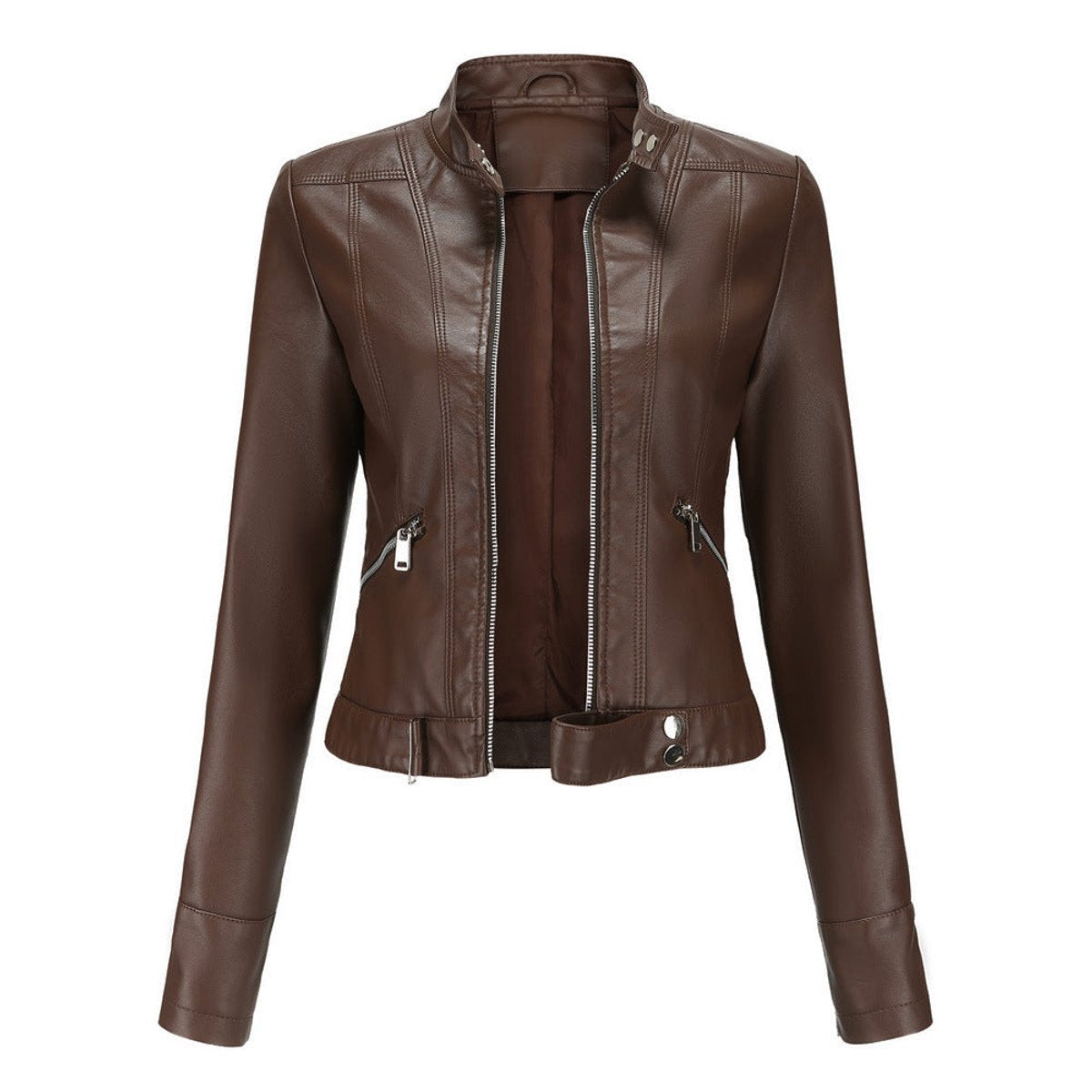 Comfortable Black Faux Leather Coat for Women with Collared Zip Front Cropped Winter Style