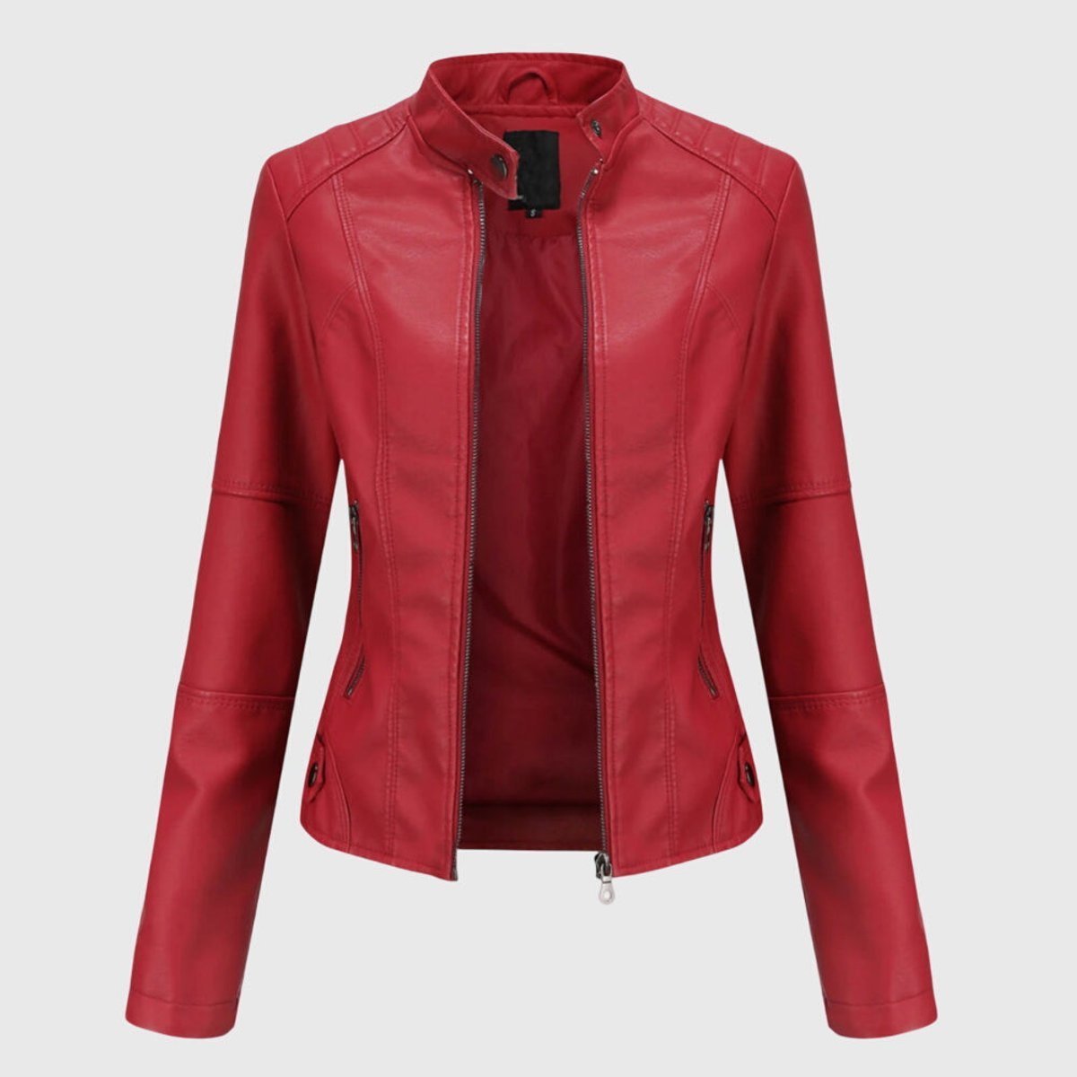 Comfortable Black Faux Leather Coat for Women with Collared Zip Front Relaxed Fit Outdoor Style