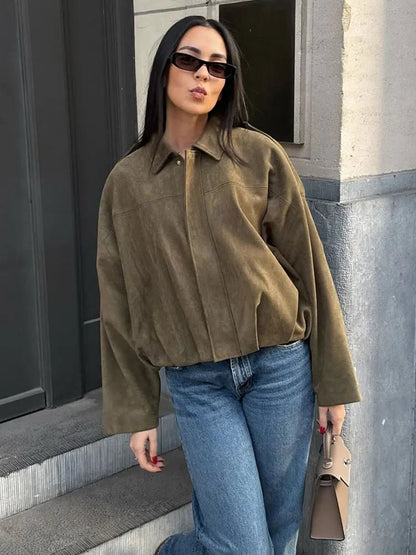 Comfortable Black Faux Suede Jacket for Women with Oversized Fit Relaxed Fit Soft Finish Everyday Style