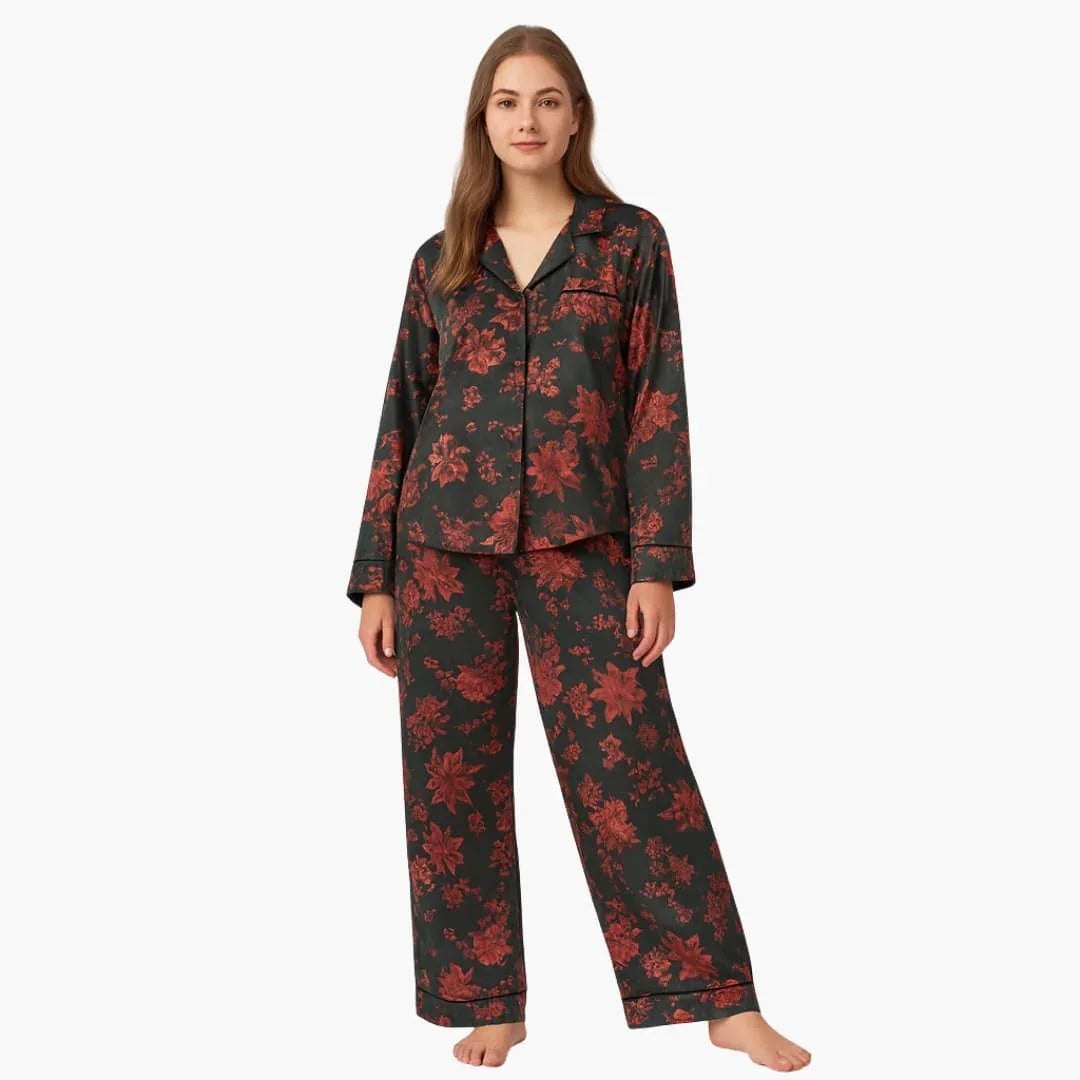 Comfortable Black Loungewear Set for Women with Button Front Side Pockets Floral Print Cosy Style