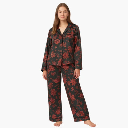 Comfortable Black Loungewear Set for Women with Button Front Side Pockets Floral Print Cosy Style