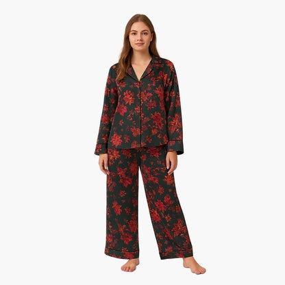 Comfortable Black Loungewear Set for Women with Button Front Side Pockets Floral Print Cosy Style