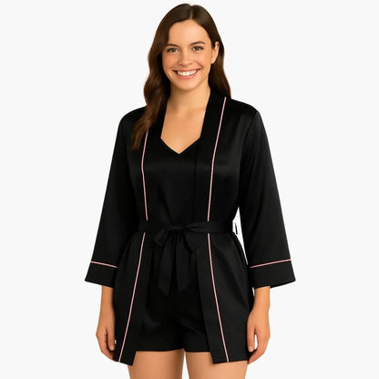 Comfortable Black Pajamas for Women with Long Sleeve Belted Satin Everyday Style