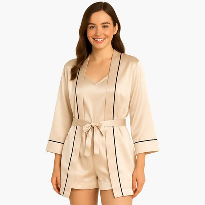 Comfortable Black Pajamas for Women with Long Sleeve Belted Satin Everyday Style