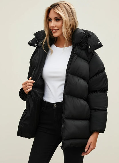Comfortable Black Puffer Jacket for Women with Collared Button Front Oversized Fit Relaxed Fit Quilted Winter Style