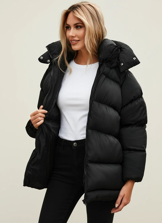 Comfortable Black Puffer Jacket for Women with Collared Button Front Oversized Fit Relaxed Fit Quilted Winter Style