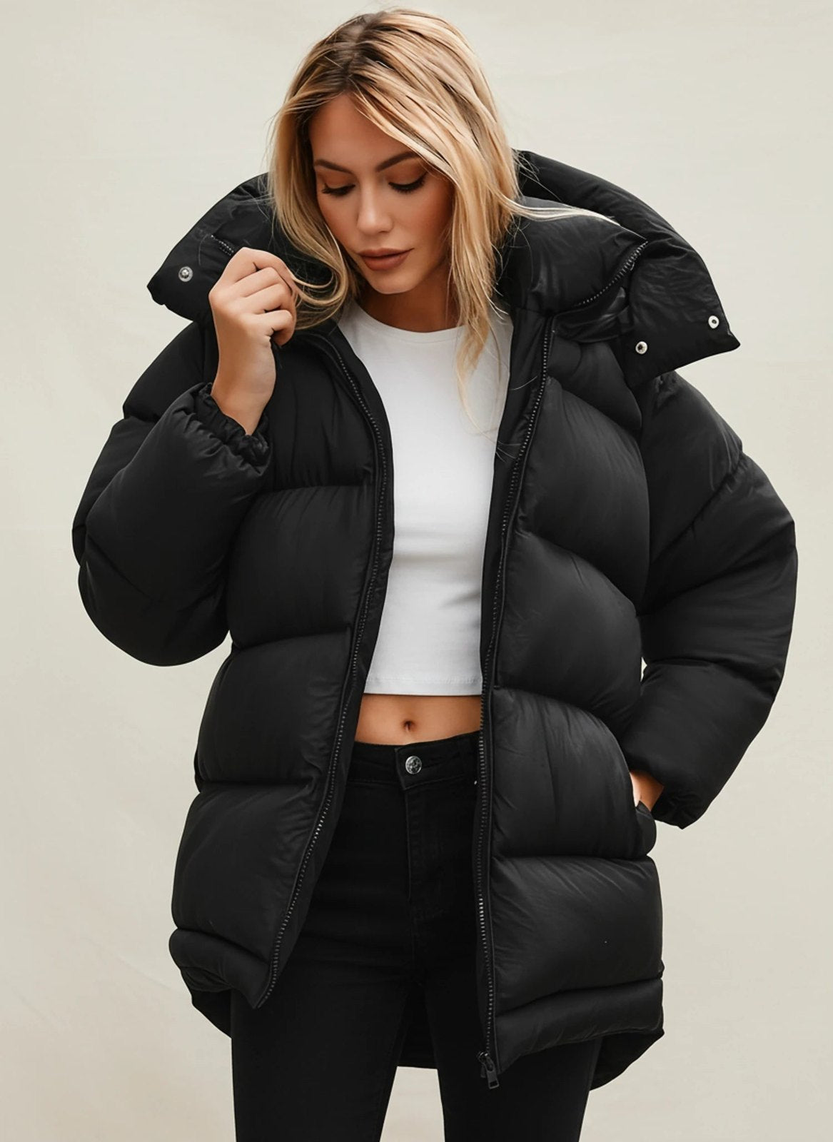 Comfortable Black Puffer Jacket for Women with Collared Button Front Oversized Fit Relaxed Fit Quilted Winter Style
