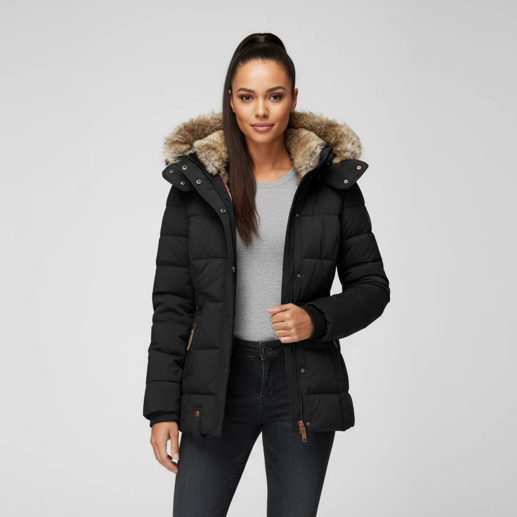 Comfortable Black Puffer Jacket for Women with Hooded Button Front Quilted Layered Style