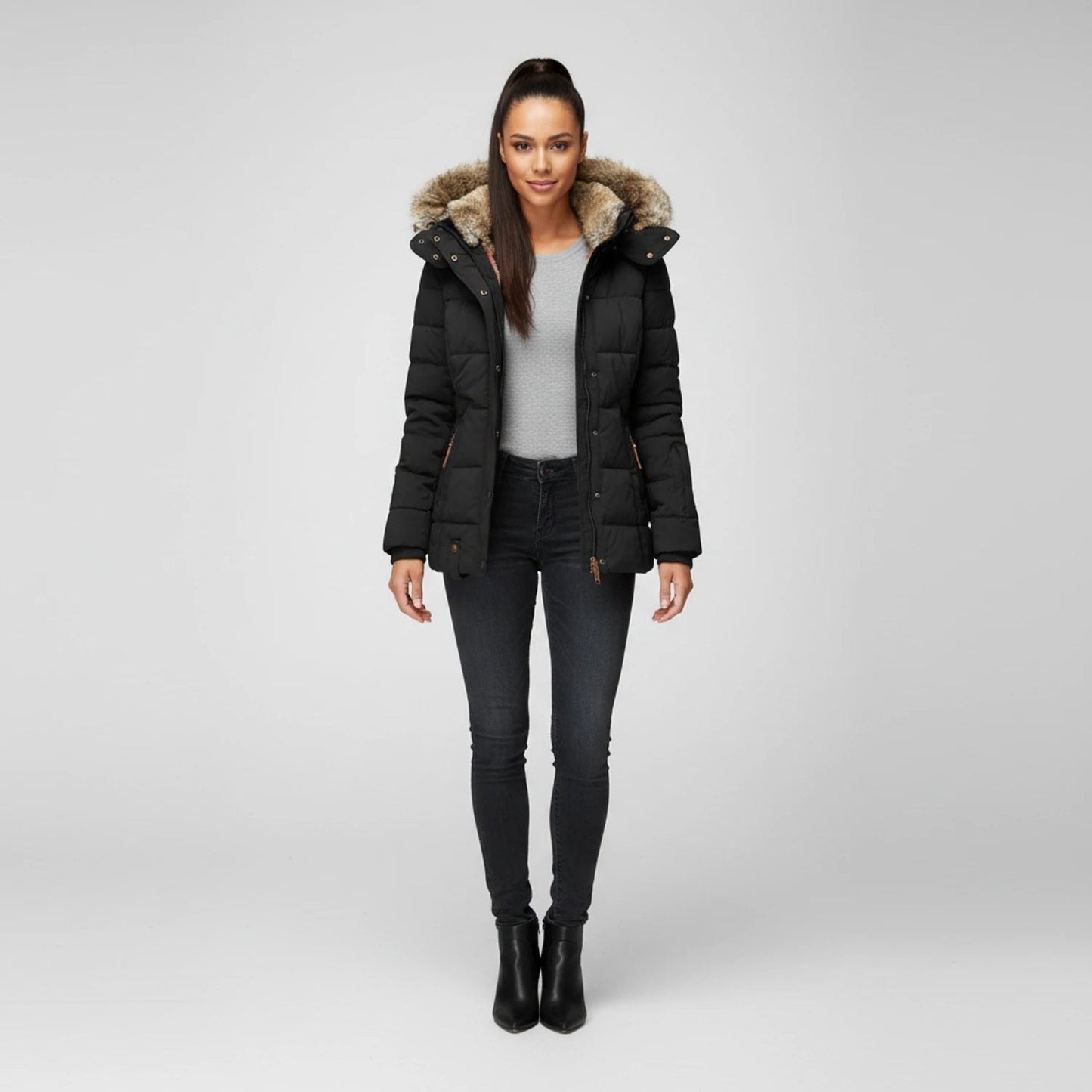 Comfortable Black Puffer Jacket for Women with Hooded Button Front Quilted Layered Style