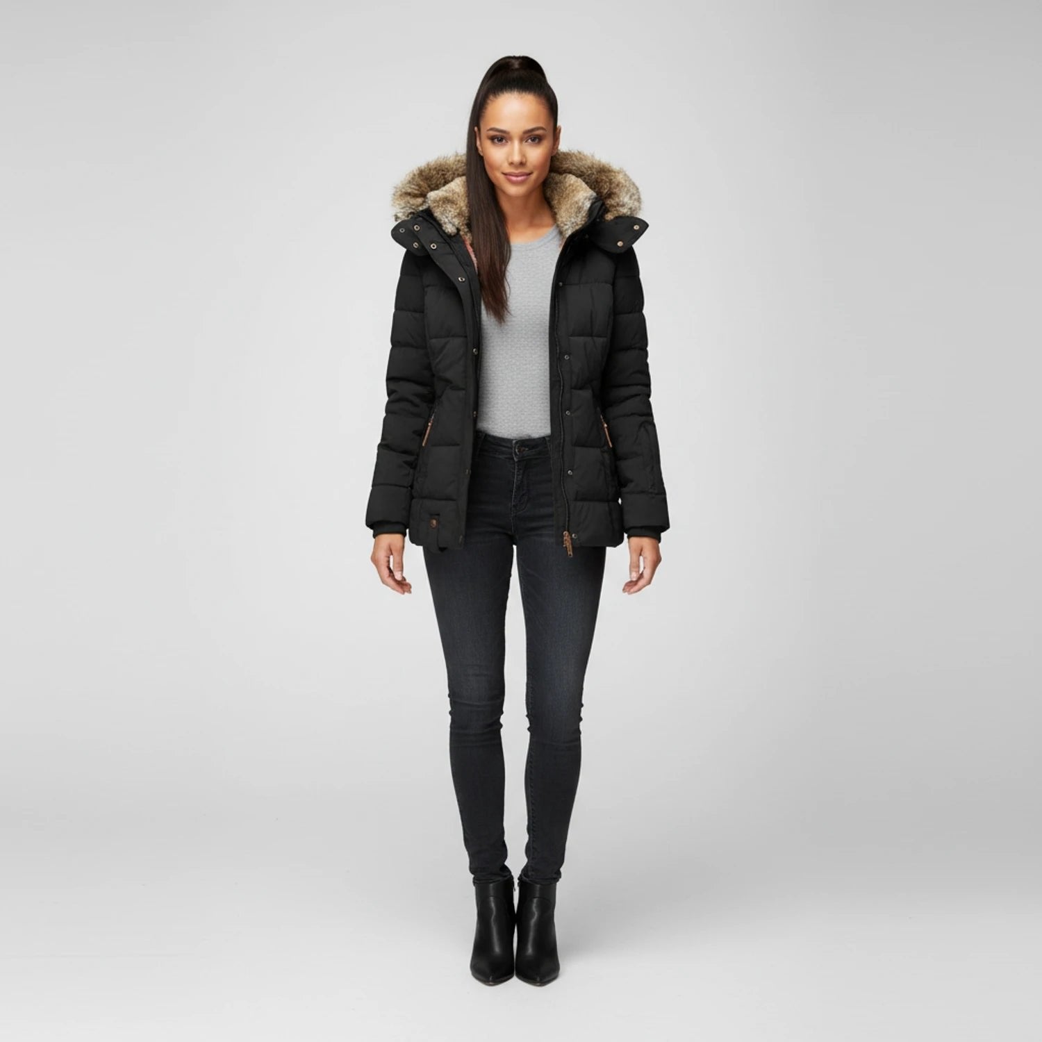 Comfortable Black Puffer Jacket for Women with Hooded Button Front Quilted Layered Style